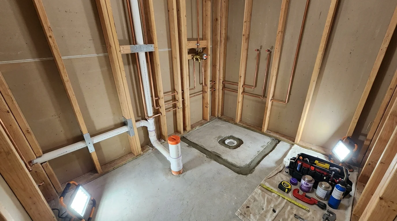 Bathroom rough-in plumbing during remodel by Johns Plumbing LLC in Hoisington