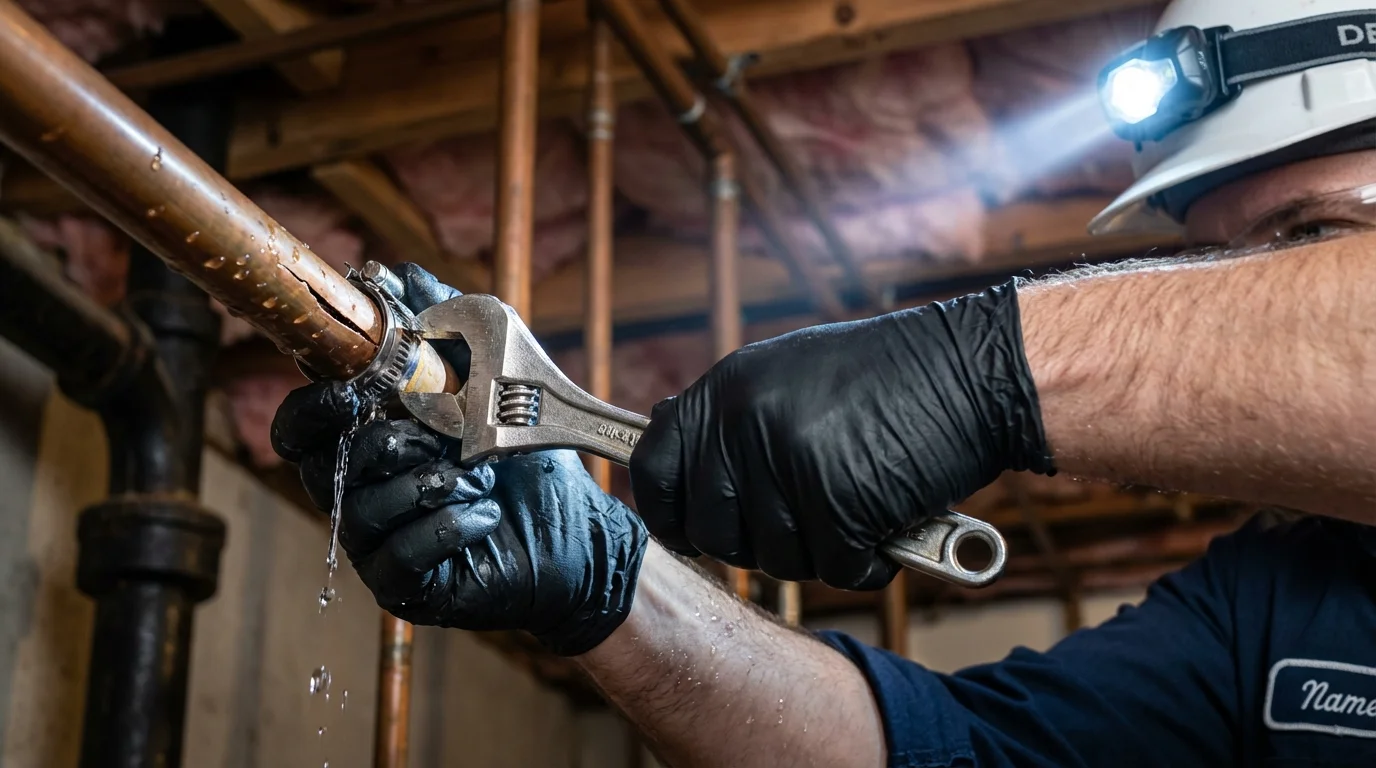 Emergency pipe clamp repair being performed by a Johns Plumbing LLC plumber in Hoisington