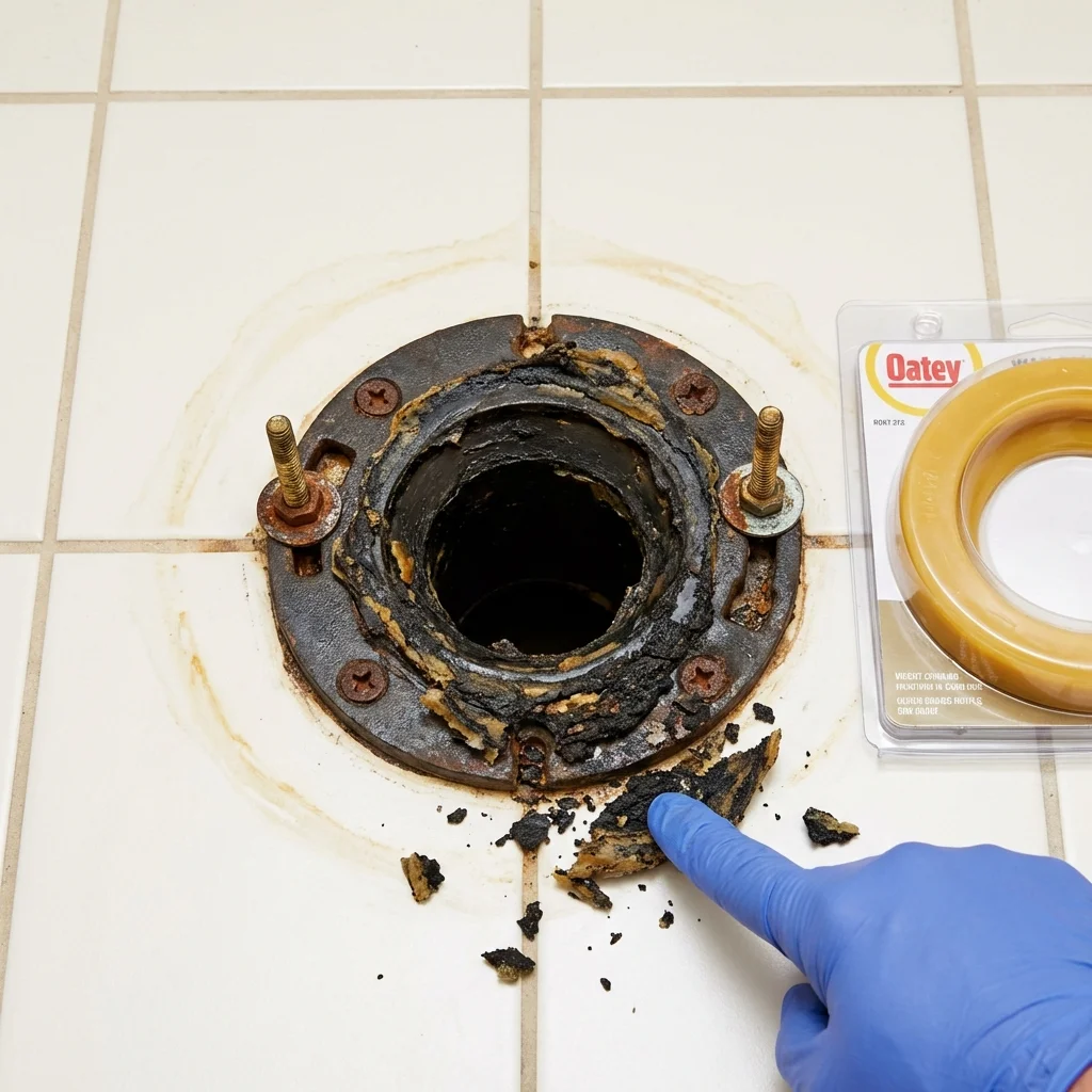 Failed wax ring showing water seepage at the base of a toilet in a Hoisington, KS home