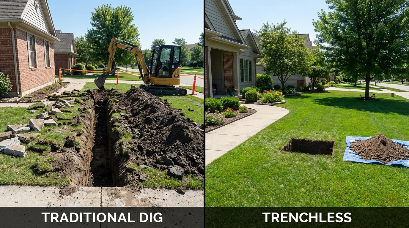 Trenchless sewer repair with minimal yard damage versus traditional excavation in Hoisington, KS