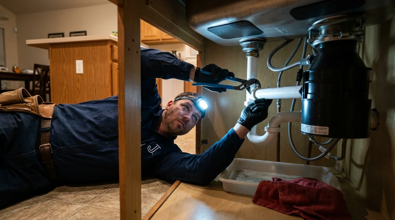 P-trap and supply line connections under a kitchen sink showing a common leak point in Hoisington, KS